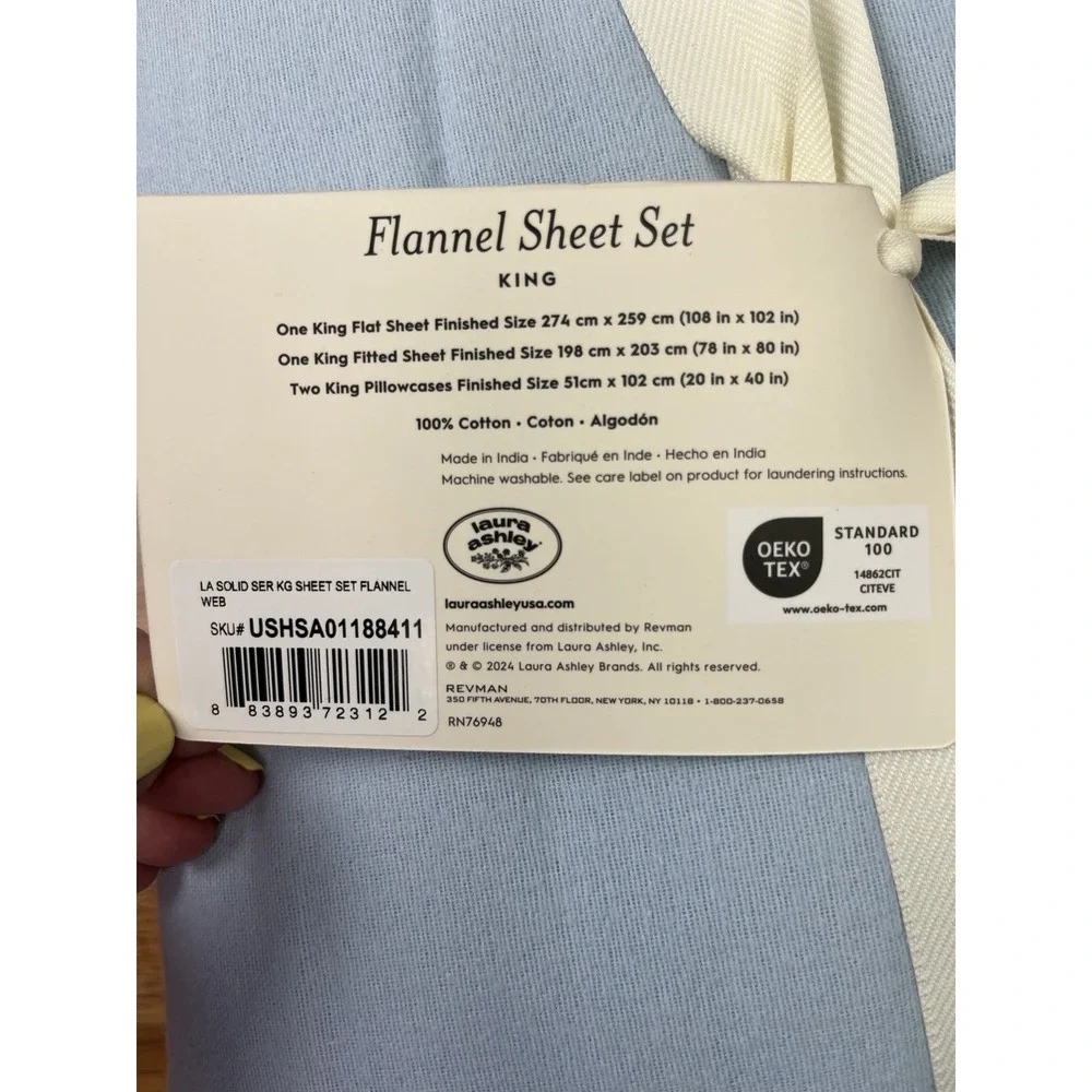 Laura Ashley KING Size Solid Flannel Sheet Set in Blue 100% Cotton NEW